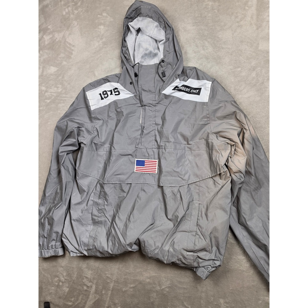 Members Only Anorak Jacket Mens‎ XL Gray Reflective Hooded 1975 USA Flag *Read